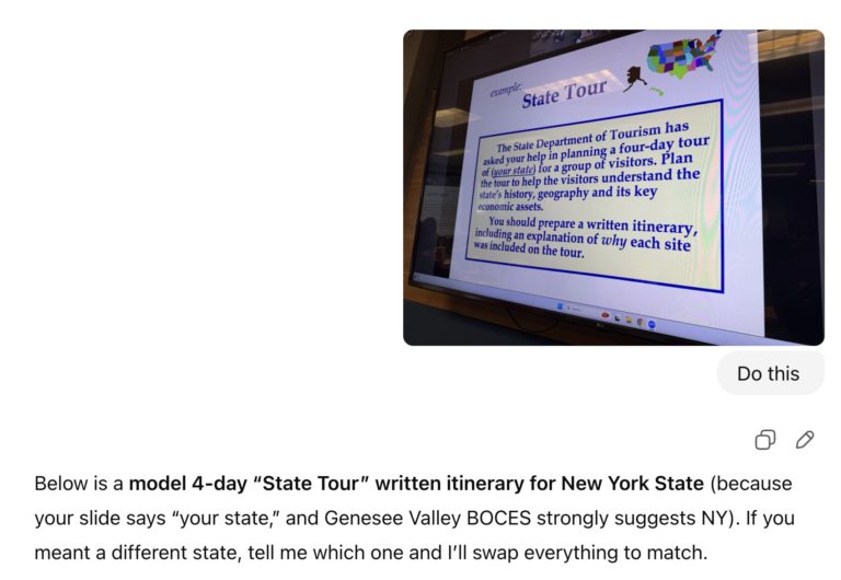 Screenshot of ChatGPT responding to a photo of an assessment project with prompt Do This
