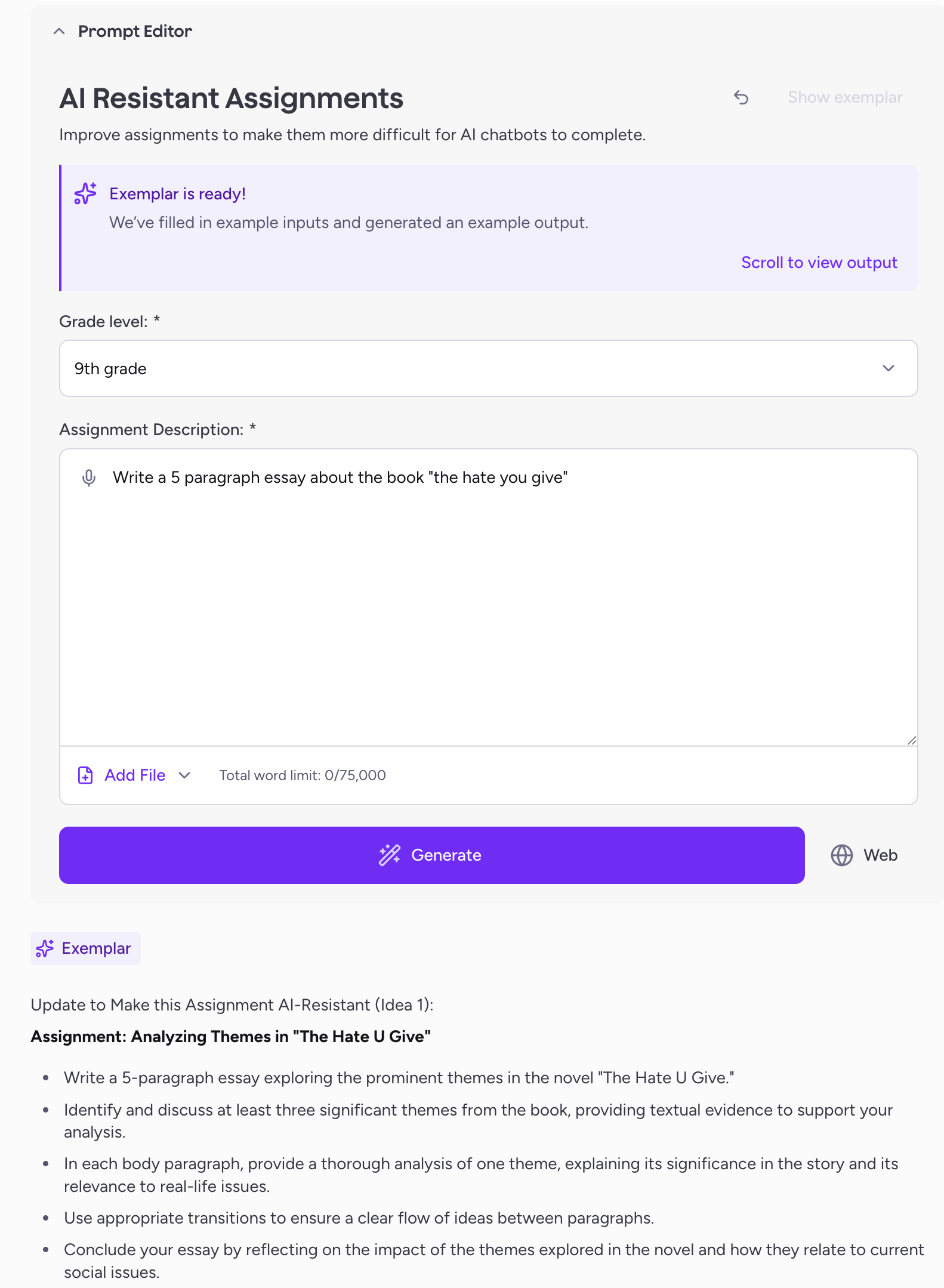 Screenshot of MagicSchool's AI resistant assignment tool