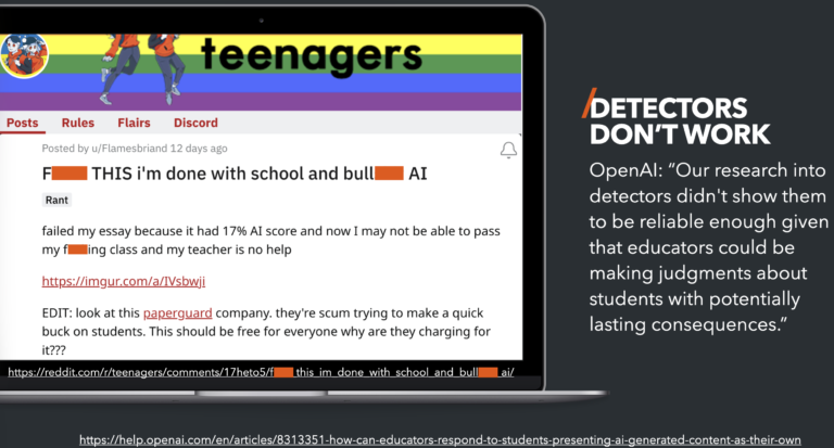 Screenshot of a student complaining on Reddit about AI detectors