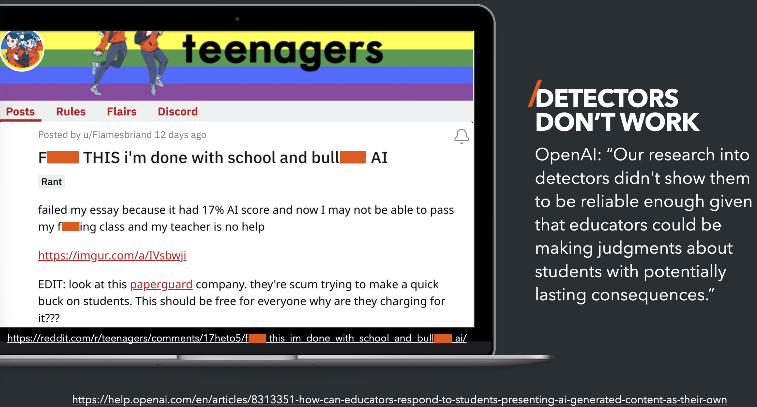 Screenshot of a student complaining on Reddit about AI detectors